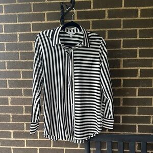 Black and White Striped Button-Up Shirt/Blouse